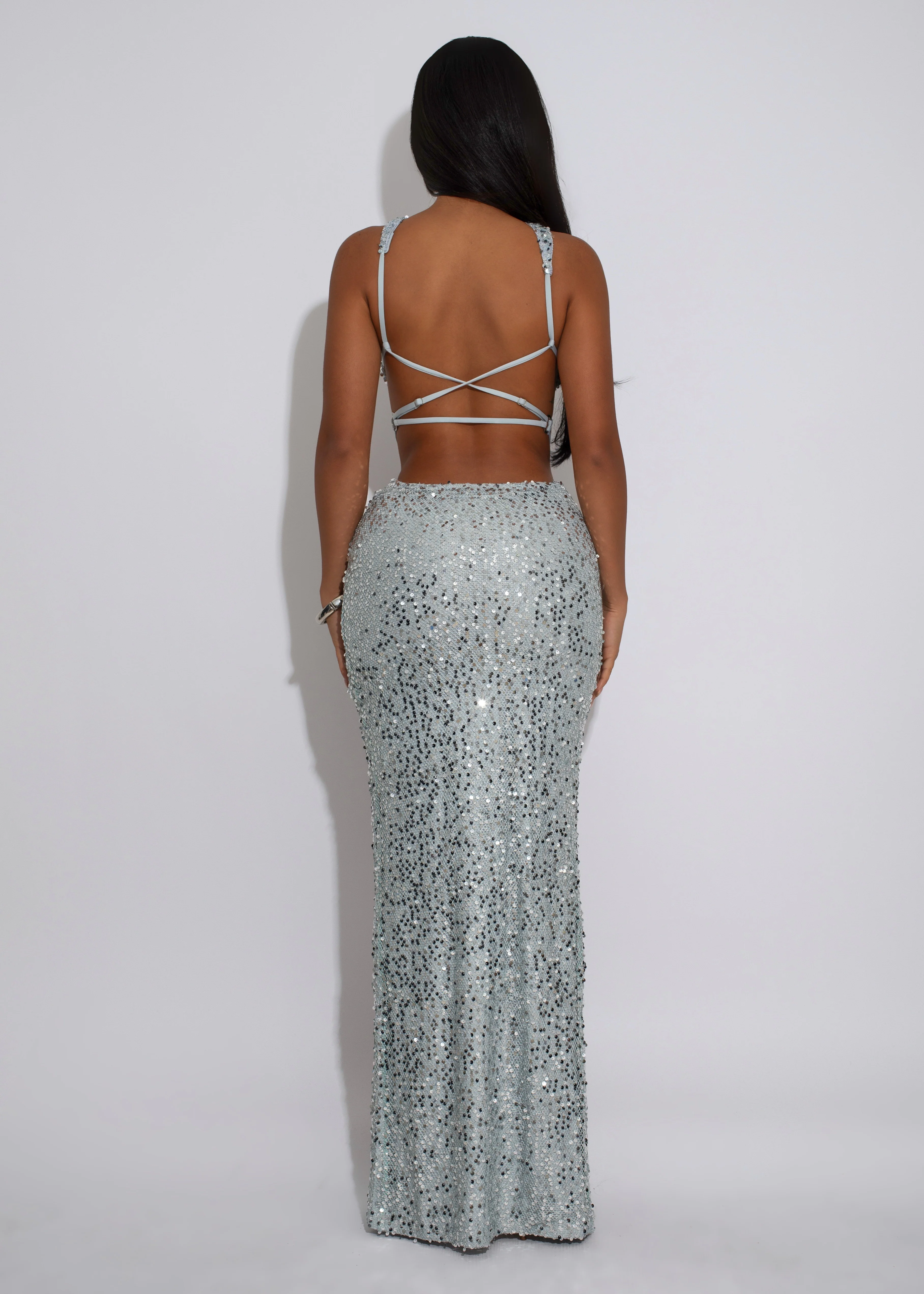 Afterglow Siren Ruched Sequin Maxi Dress Silver - Image 3