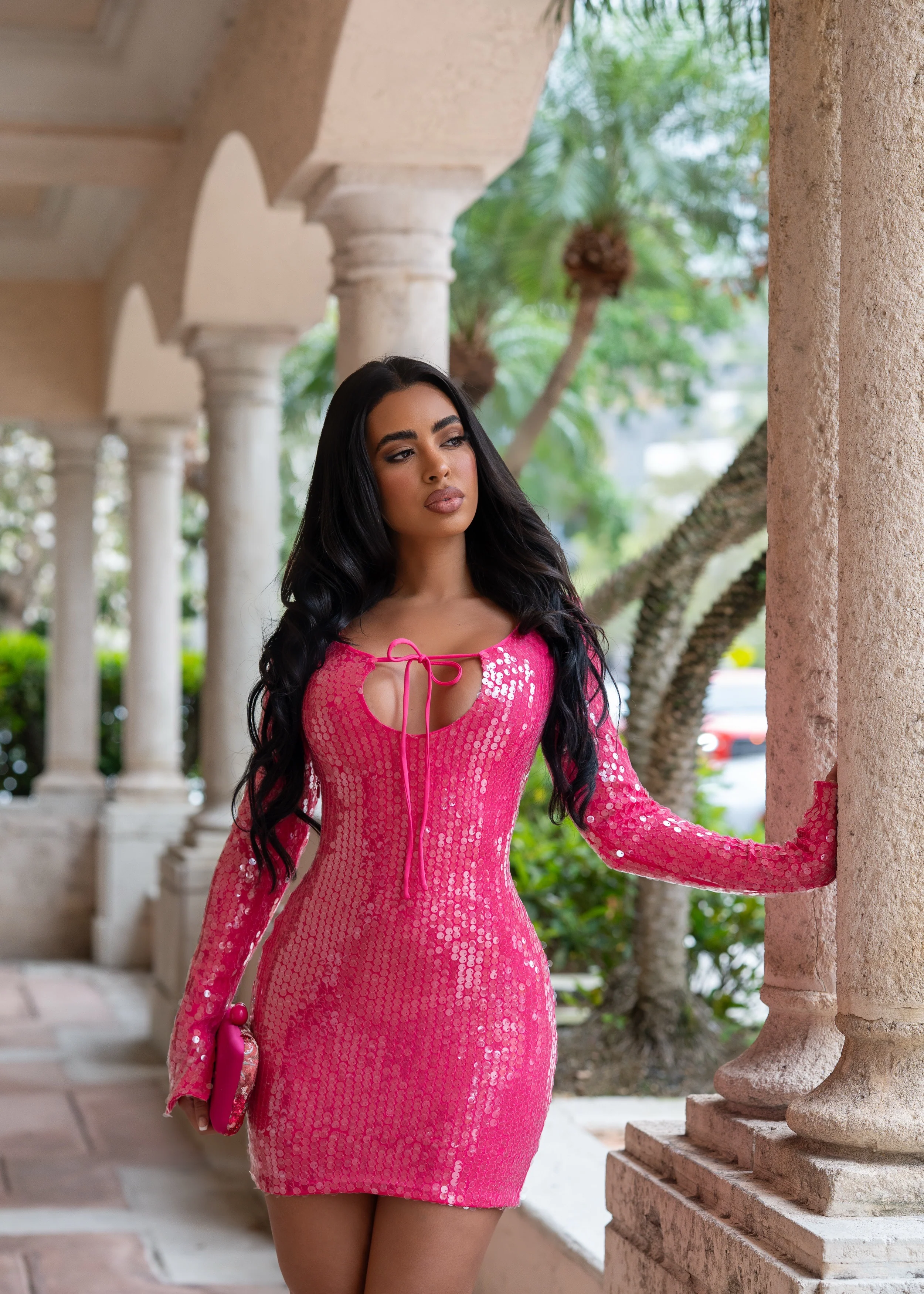 Beachside Sparkle Sequin Mesh Mini Dress Pink - Image 3