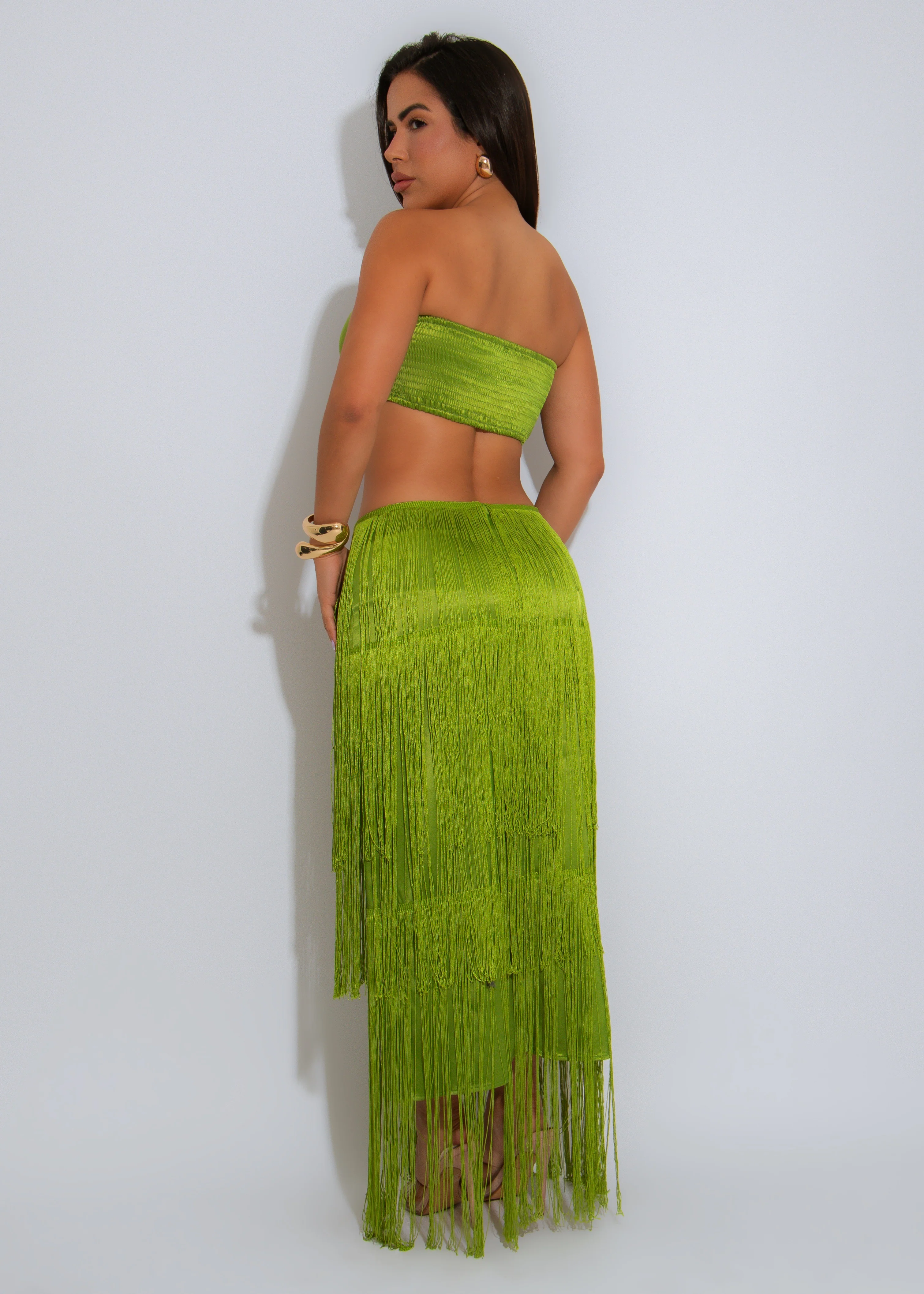 Tropic Dusk Satin Rhinestones Skirt Set Green - Image 4